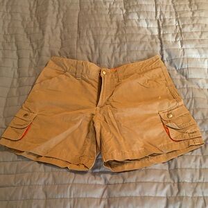 O'Neill Tan Shorts with Orange Waistband and Navy Logo Patch